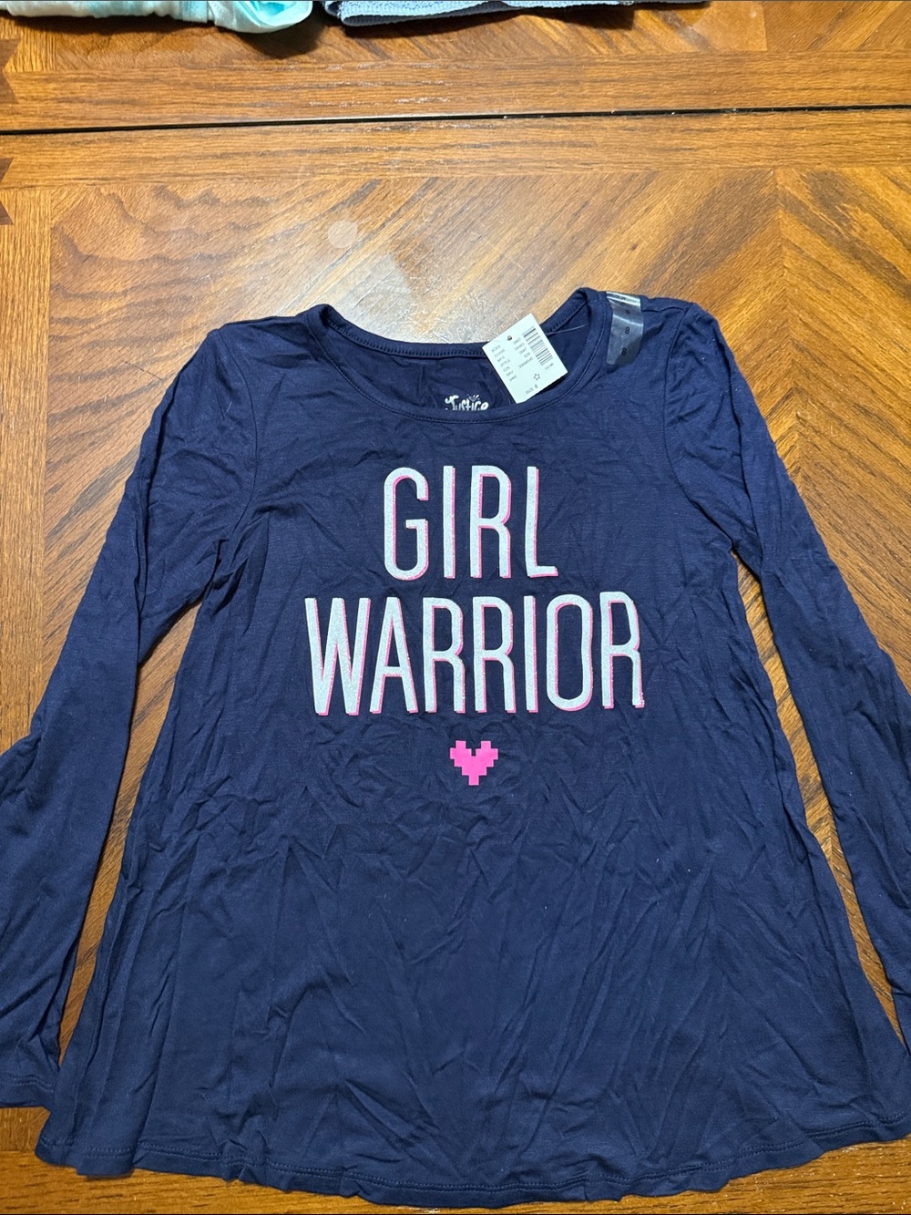 Justice Navy Long Sleeve Tee with Pink and White "GIRL WARRIOR" Graphic